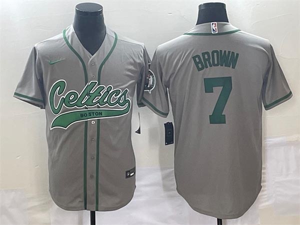 Men's Boston Celtics #7 Jaylen Brown Gray Stitched Baseball Jersey