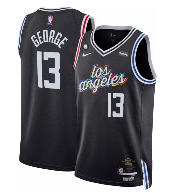 Men's Los Angeles Clippers #13 Paul George Black 2022-23 City Edition With NO.6 Patch Stitched Jersey