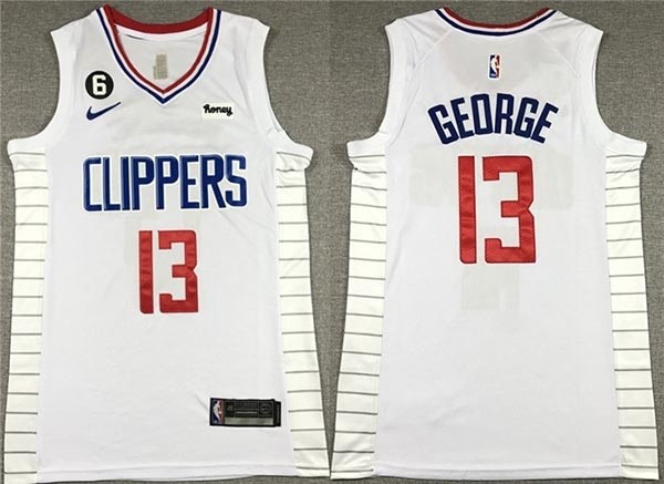 Men's Los Angeles Clippers #13 Paul George White With NO.6 Patch Stitched Jersey