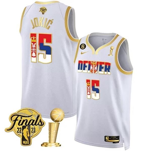 Men's Denver Nuggets #15 Nikola Jokic 2023 White Gold Serbia Flag Finals Champions With NO.6 Patch Stitched Basketball Jersey