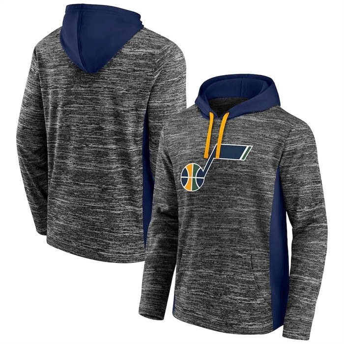 Men's Utah Jazz Heathered Charcoal Navy Instant Replay Color Block Pullover Hoodie