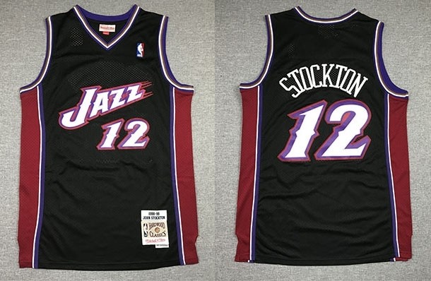 NBA Jazz #12 John Stockton Black Hardwood Classics Jersey