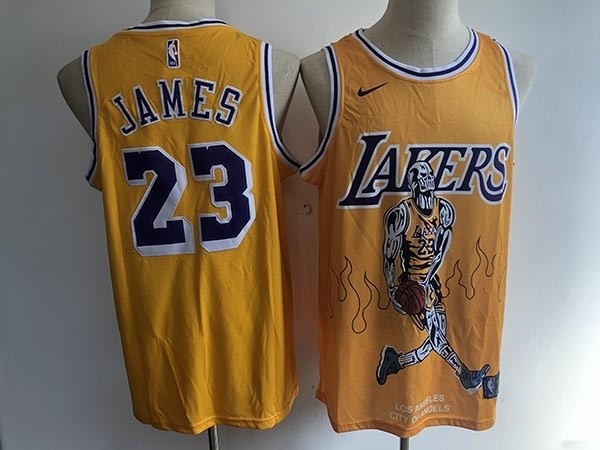 NBA Los Angeles Lakers #23 Lebron James Yellow Skull Fashion Jersey