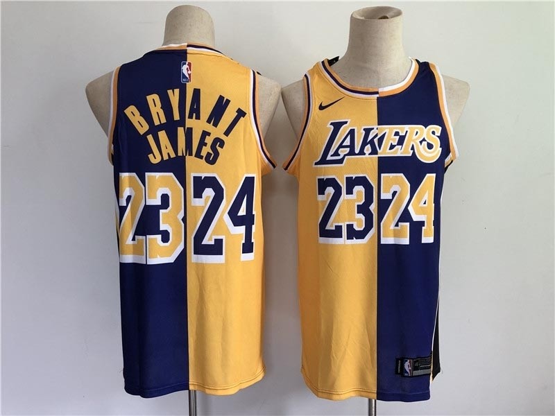 Men's Los Angeles Lakers #24 Bryant #23 James purple yellow split special 2021 nike nba jersey