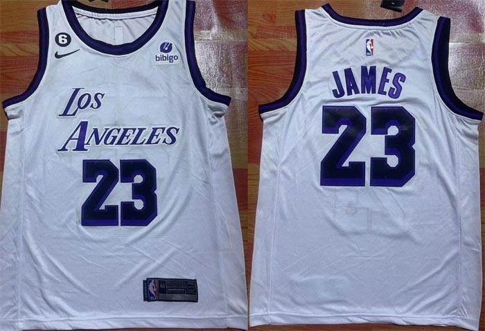 Men's Los Angeles Lakers #23 LeBron James 2022-23 White With NO.6 Patch Stitched Basketball Jersey