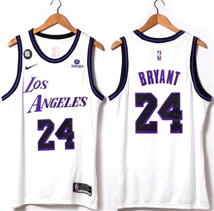 Men's Los Angeles Lakers #24 Kobe Bryant 2022-23 White With NO.6 Patch Stitched Basketball Jersey