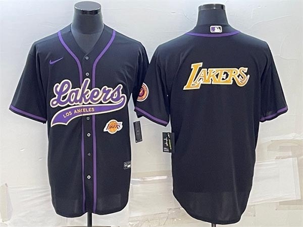 Men's Los Angeles Lakers Black Big Gold Logo With Patch Cool Base Stitched Baseball Jersey