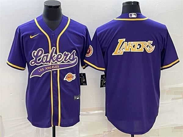 Men's Los Angeles Lakers Purple Big Gold Logo With Patch Cool Base Stitched Baseball Jersey