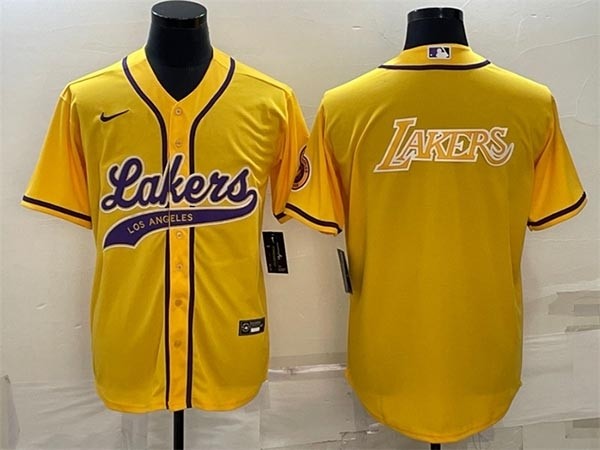 Men's Los Angeles Lakers Yellow Big Gold Logo Cool Base Stitched Baseball Jersey