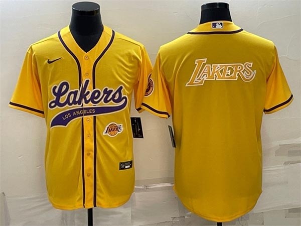 Men's Los Angeles Lakers Yellow Big Gold Logo With Patch Cool Base Stitched Baseball Jersey