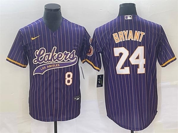 Men's Los Angeles Lakers Front #8 Back #24 Kobe Bryant Purple Cool Base With Patch Stitched Baseball Jersey