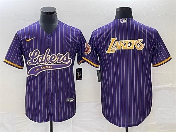 Men's Los Angeles Lakers Team Big Logo Purple Cool Base With Gold Patch Stitched Baseball Jersey