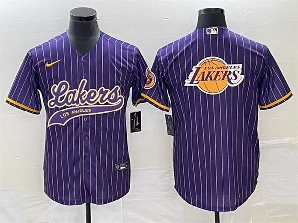 Men's Los Angeles Lakers Team Big Logo Purple-Gold Cool Base With Patch Stitched Baseball Jersey