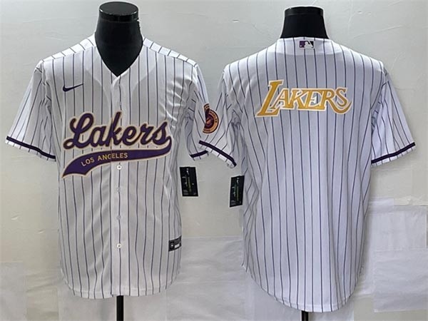 Men's Los Angeles Lakers White Team Big Goldgen Logo Cool Base With Patch Stitched Baseball Jersey