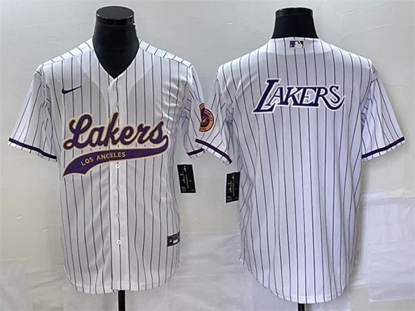 Men's Los Angeles Lakers White Team Big Purple Logo Cool Base With Patch Stitched Baseball Jersey