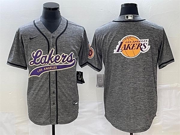 Men's Los Angeles Lakers Gray Team Big Logo Cool Base With Patch Stitched Baseball Jersey