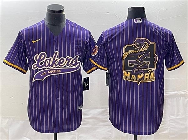 Men's Los Angeles Lakers Purple Stripe #24 Mamba Big Logo Cool Base Stitched Baseball Jersey