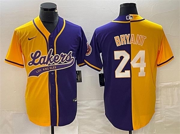 Men's Los Angeles Lakers Front #8 Back #24 Kobe Bryant Gold Purple Split Cool Base Stitched Baseball Jersey