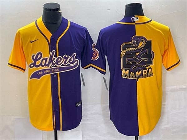 Men's Los Angeles Lakers Gold Purple Split #24 Mamba Big Logo Cool Base Stitched Baseball Jersey