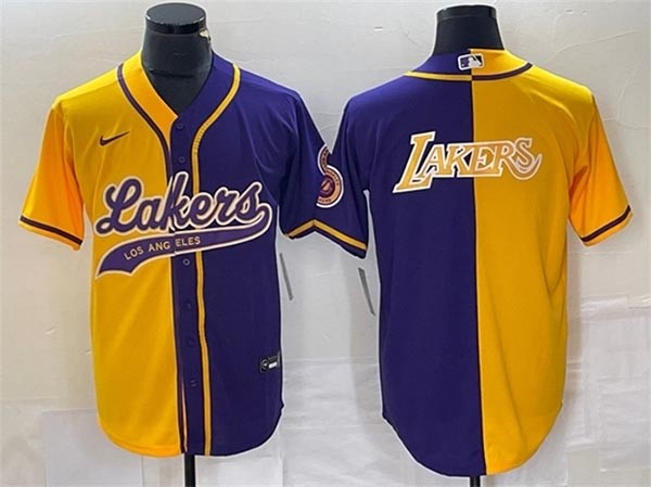 Men's Los Angeles Lakers Gold Purple Split Team Big Gold Logo Cool Base Stitched Baseball Jersey