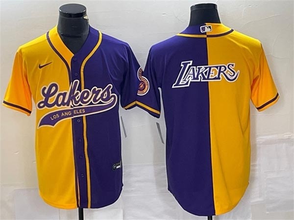 Men's Los Angeles Lakers Gold Purple Split Team Big Puple Logo Cool Base Stitched Baseball Jersey