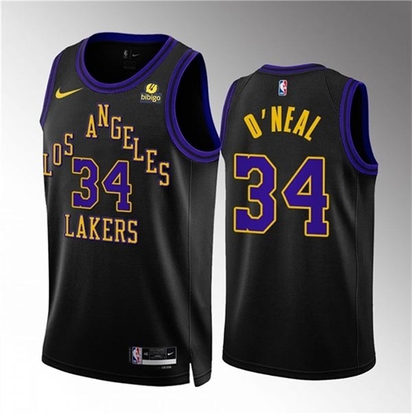 Men's Los Angeles Lakers #34 Shaquille O'Neal Black 2023-24 City Edition Stitched Basketball Jersey