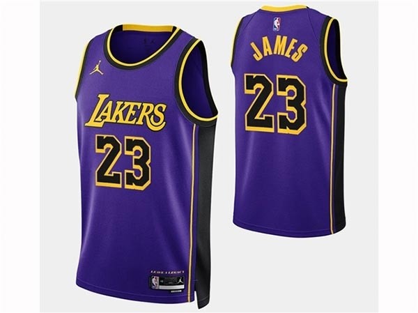 Men's Los Angeles Lakers #23 Lebron James Purple 2023 Statement Edition Stitched Basketball Jersey