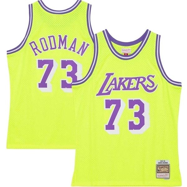 Men's Los Angeles Lakers #73 Dennis Rodman Mitchell & Ness Neon Yellow Hardwood Classics 1998-99 Tropical Swingman Jersey