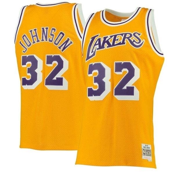 Men's Los Angeles Lakers #32 Magic Johnson Mitchell & Ness Gold 1984-85 Hardwood Classics Swingman Basketball Jeresey