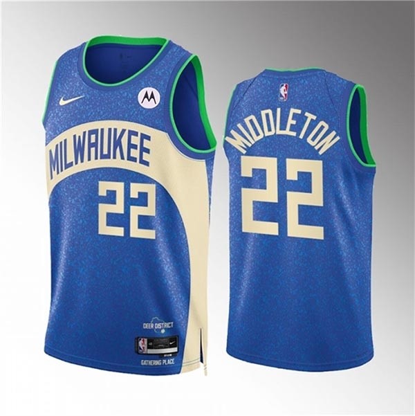 Men's Milwaukee Bucks #22 Khris Middleton 2023-24 Blue City Edition Stitched Basketball Jersey