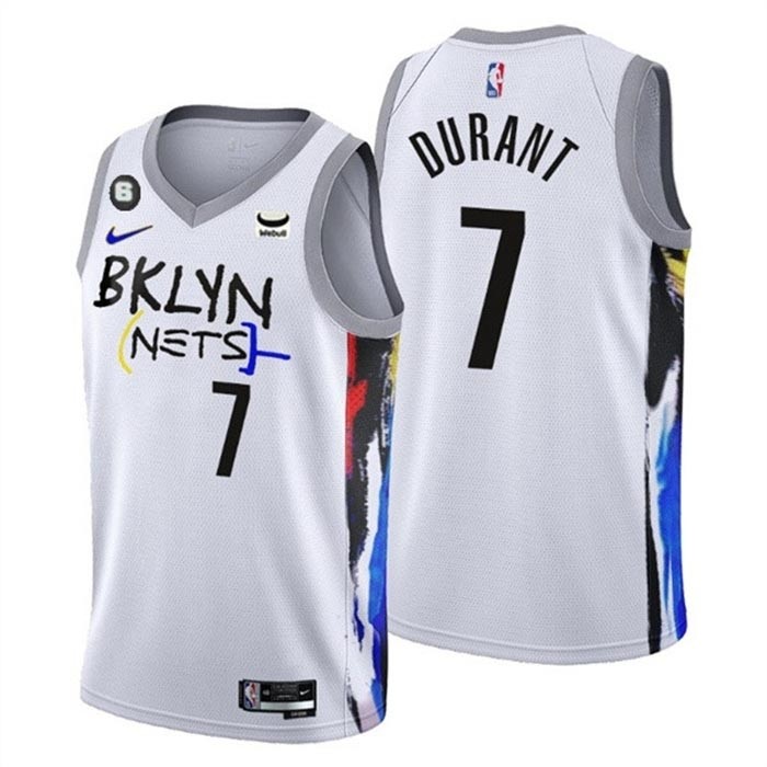 Men's Brooklyn Nets #7 Kevin Durant White 2022-23 City Edition With NO.6 Patch Stitched Basketball Jersey