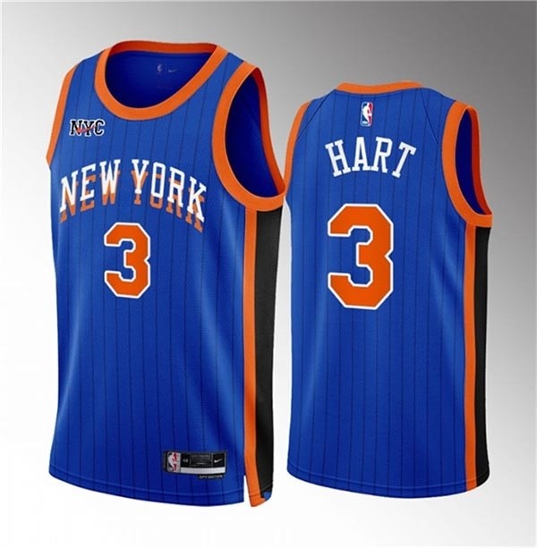 Men's New Yok Knicks #3 Josh Hart Blue 2023-24 City Edition Stitched Basketball Jersey