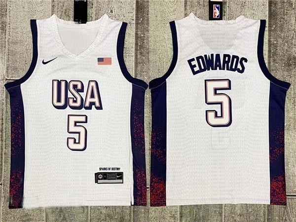 2024 Olympic Team USA #5 Anthony Edwards White Basketball Jersey