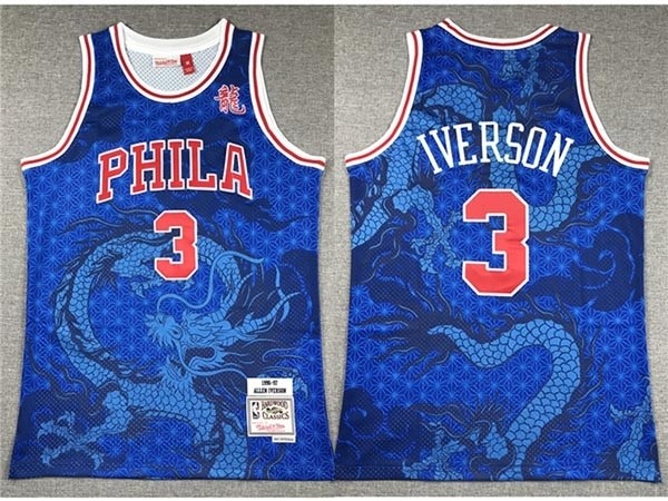 Men's Philadelphia 76ers #3 Allen Iverson Year Of the Dragon Blue Hardwood Classics Jersey