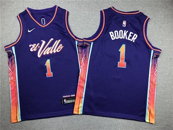 Youth Phoenix Suns #1 Devin Booker 2023-24 Purple City Edition Swingman Jersey