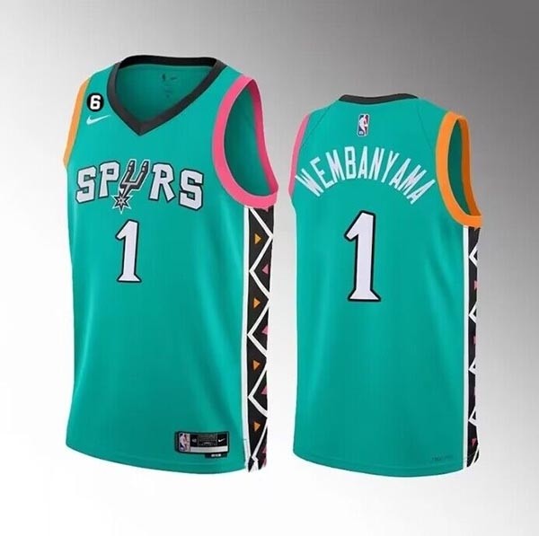 Men's San Antonio Spurs #1 Victor Wembanyama Teal 2022 23 City Edition Swingman With NO.6 Patch Stitched Basketball Jersey