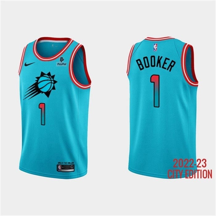 Men's Phoenix Suns #1 Devin Booker Blue 2022-23 City Edition With Black Payple Logo Stitched Basketball Jersey