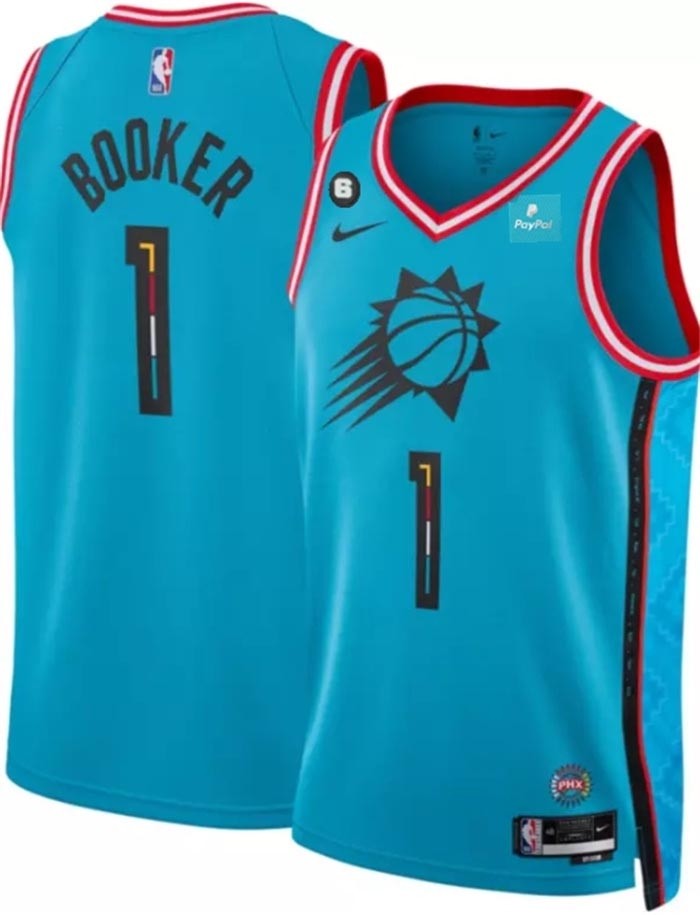 Men's Phoenix Suns #1 Devin Booker Blue 2022-23 City Edition With NO.6 Patch Stitched Basketball Jersey