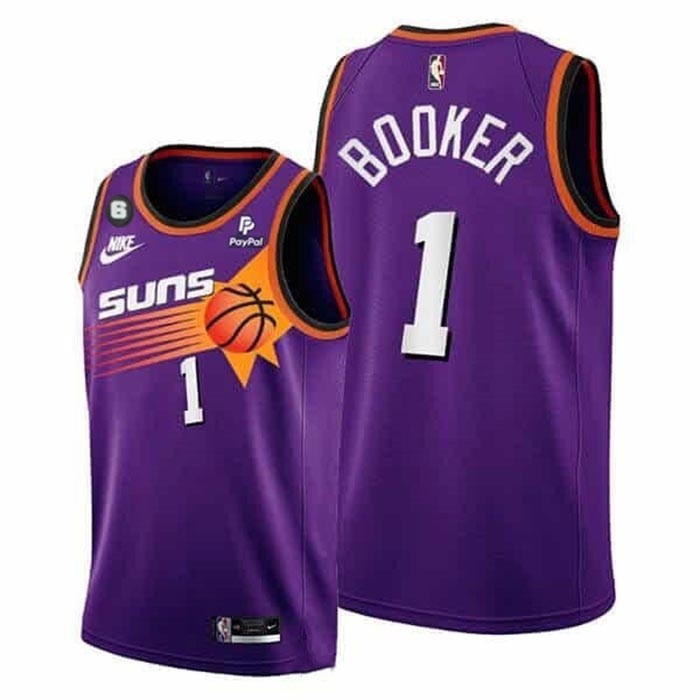 Men's Phoenix Suns #1 Devin Booker Purple With NO.6 Patch 2022-23 Purple Classic Edition Swingman Jersey