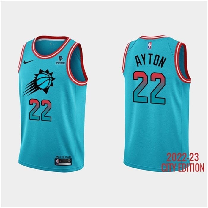 Men's Phoenix Suns #22 Deandre Ayton Blue 2022-23 City Edition With Black Payple Patch Stitched Basketball Jersey