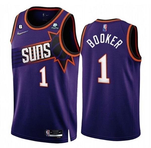 Men's Phoenix Suns #1 Devin Booker 2022-23 Purple 75th Anniversary Icon Edition With NO.6 Patch Stitched Jersey