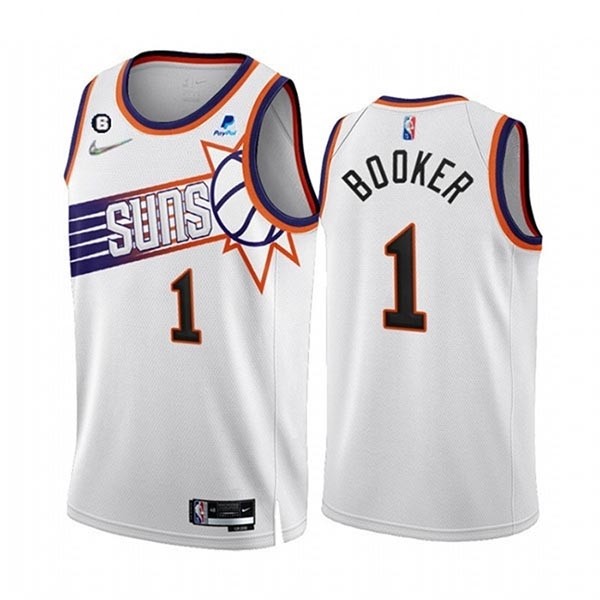 Men's Phoenix Suns #1 Devin Booker 2022-23 White 75th Anniversary NO.6 Patch Association Edition Stitched Jersey