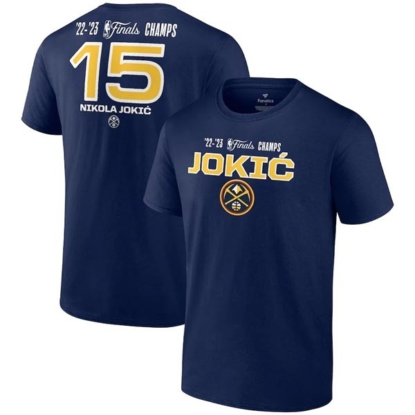 Men's Denver Nuggets #15 Nikola Jokic Navy Name & Gold Number T-Shirt