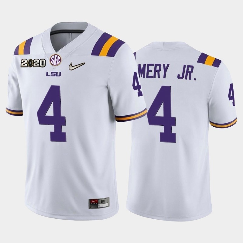 Men's LSU Tigers #4 John Emery Jr. White 2020 National Championship Game Jersey