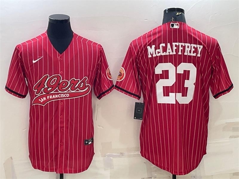 Men's San Francisco 49ers #23 Christian McCaffrey Red Stripe With Patch Cool Base Stitched Baseball Jersey