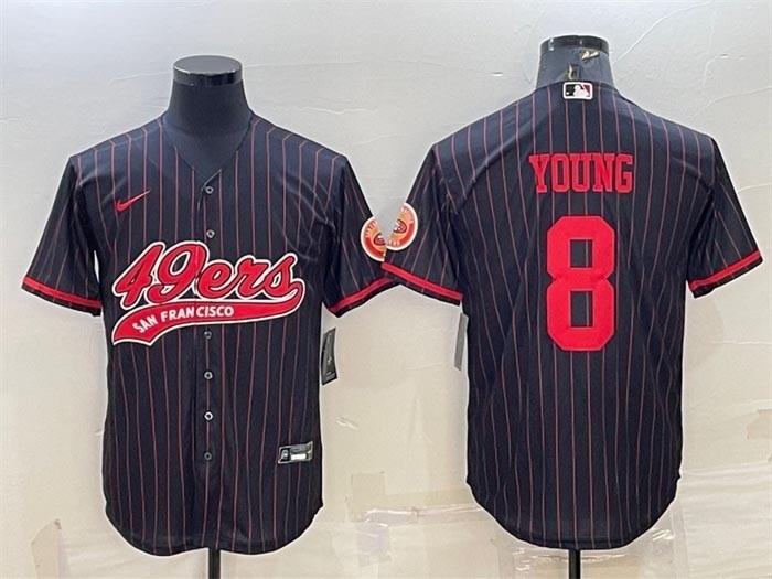 Men's San Francisco 49ers #8 Steve Young Black Stripe With Patch Cool Base Stitched Baseball Jersey