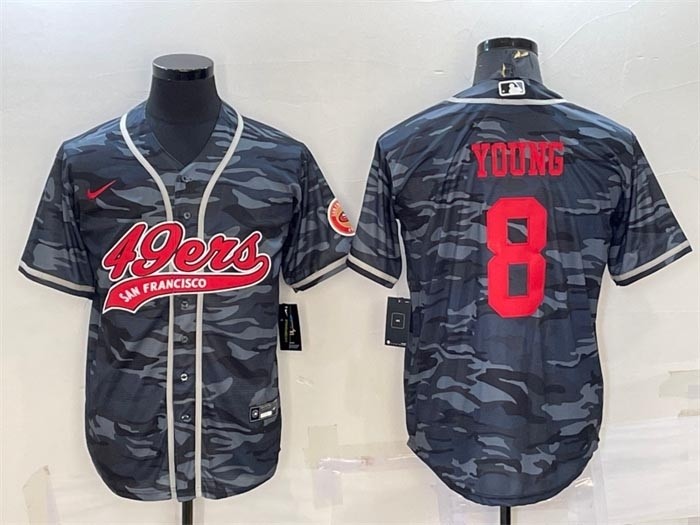 Men's San Francisco 49ers #8 Steve Young Grey Red Camo With Patch Cool Base Stitched Baseball Jersey