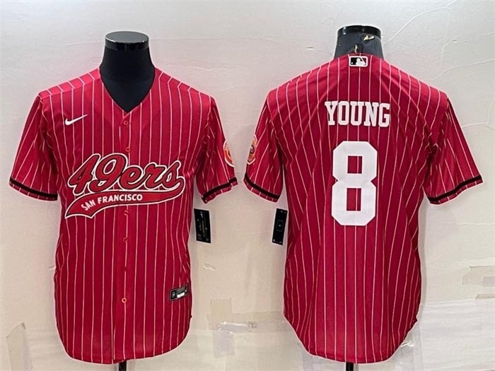 Men's San Francisco 49ers #8 Steve Young Red Stripe With Patch Cool Base Stitched Baseball Jersey