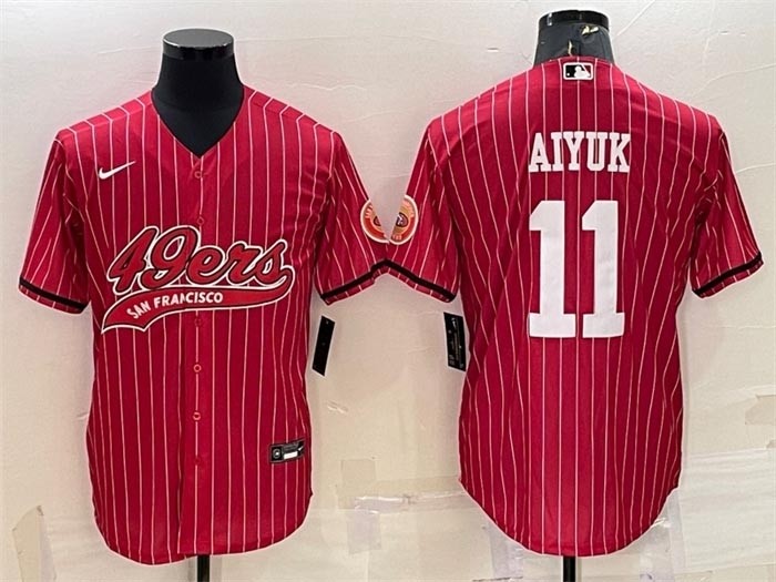 Men's San Francisco 49ers #11 Brandon Aiyuk Red Stripe With Patch Cool Base Stitched Baseball Jersey