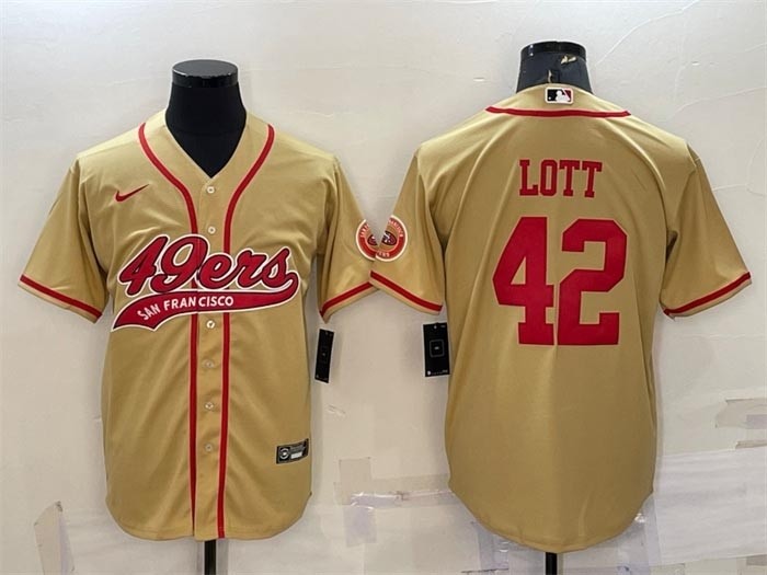 Men's San Francisco 49ers #42 Ronnie Lott Gold With Patch Cool Base Stitched Baseball Jersey